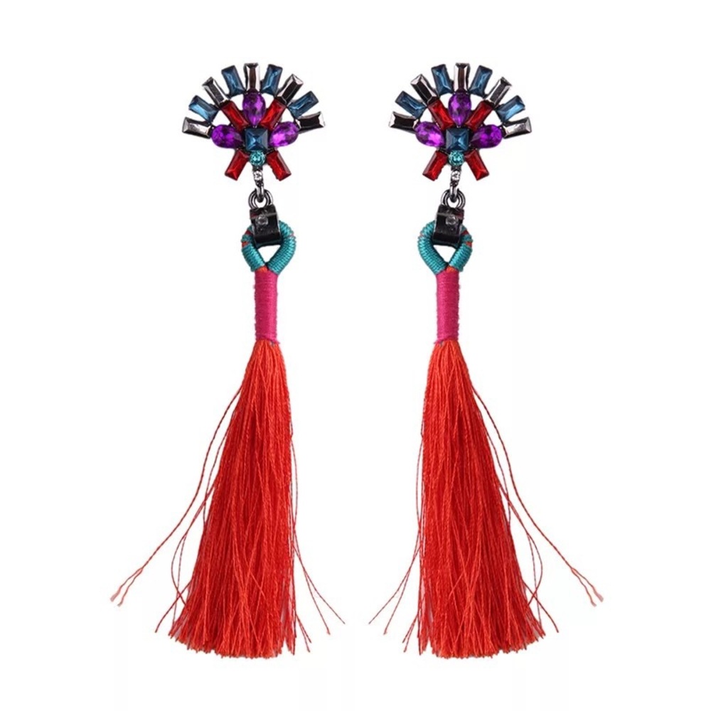 2/$35🖤 Anthropologie Long Red Orange Tassel Blue Crystal Cluster Earring…